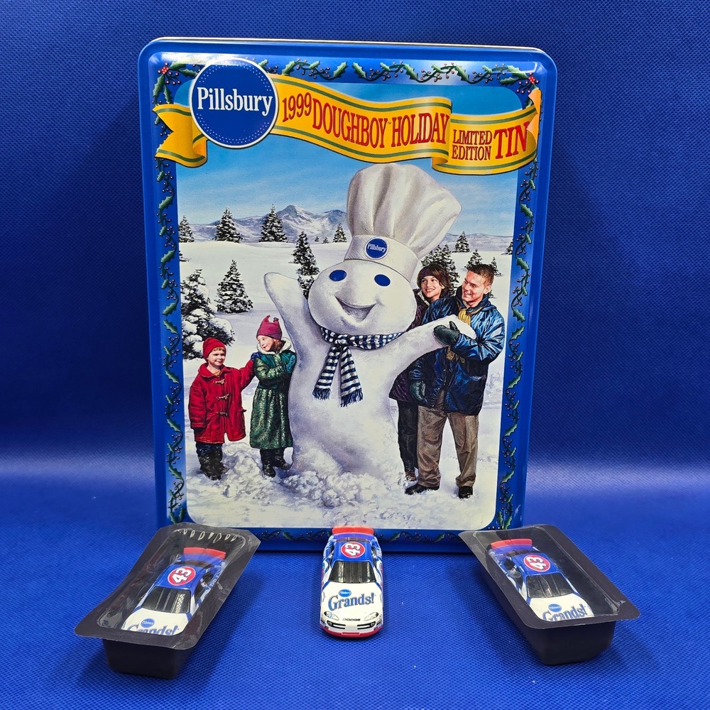 Vintage Pillsbury Doughboy 1999 Holiday  Limited Edition Tin & 3 Race Car Toys
